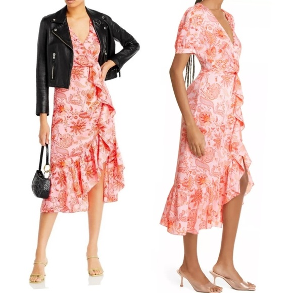 CINQ A SEPT Kay Faux Wrap Floral Print Short Flutter Sleeve MIDI Cocktail Dress